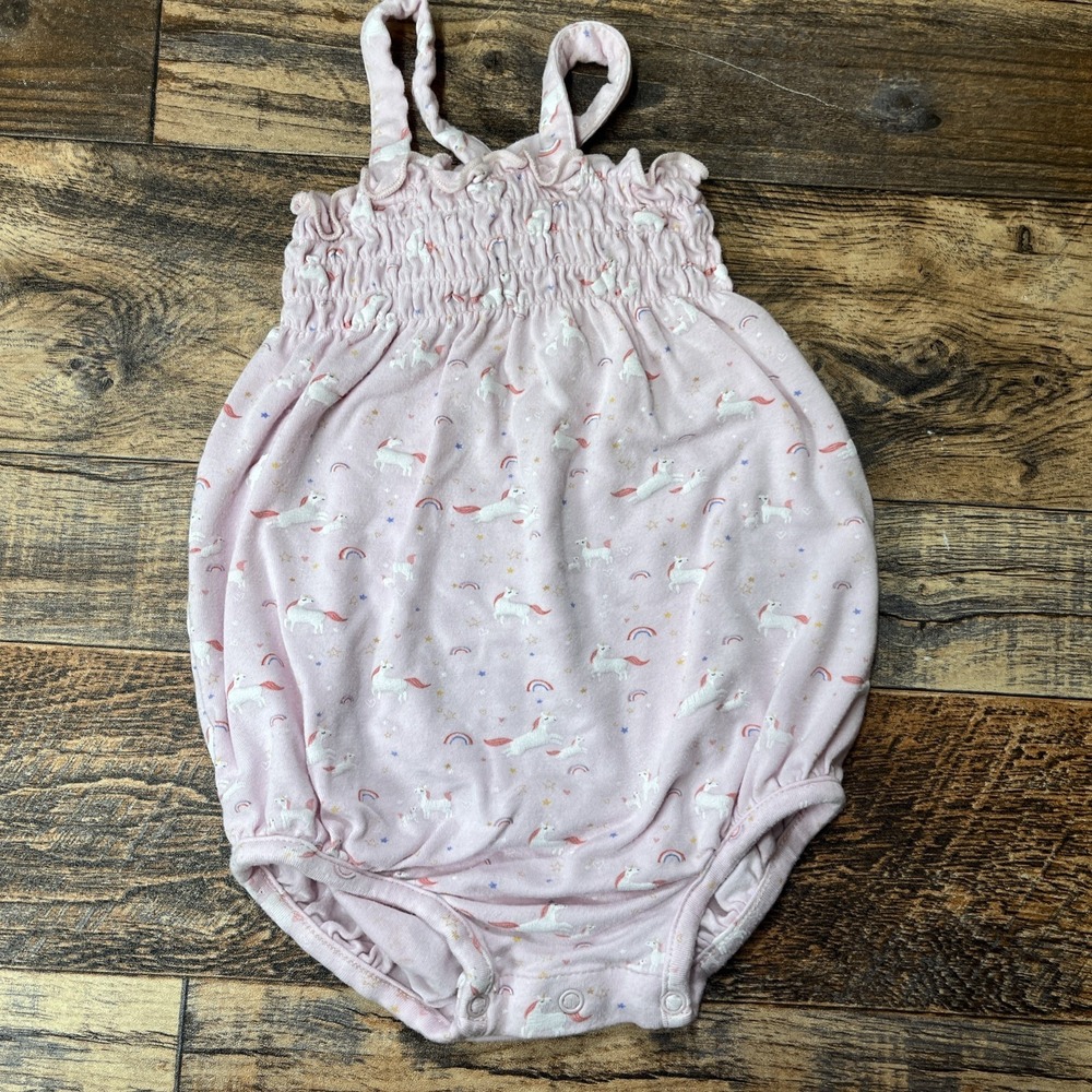Angel Dear Bamboo Bubble Romper‎ Baby Girl 6-12m Unicorn Cross Back Smocked